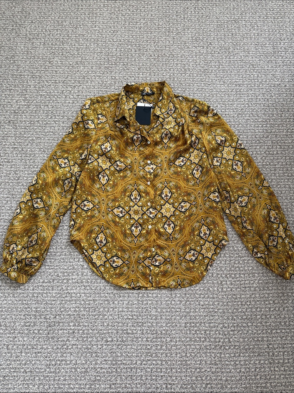 New Zara Soft Button Down Dress Shirts Gold Navy Pattern Print Floral S